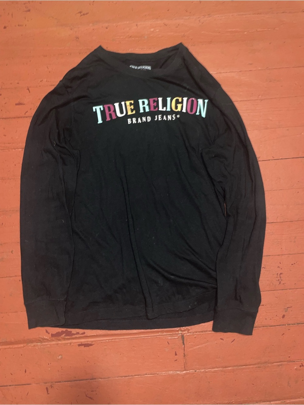True Religion Black Long Sleeve Tee with Multicolor Logo